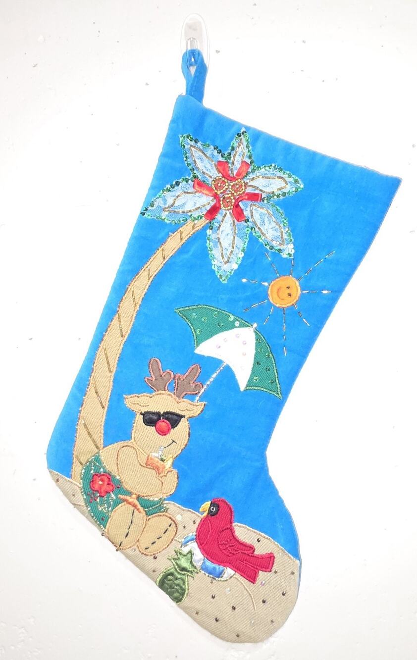Christmas Stocking Blue Reindeer Poinsettia Sequined Embroidered Applique...